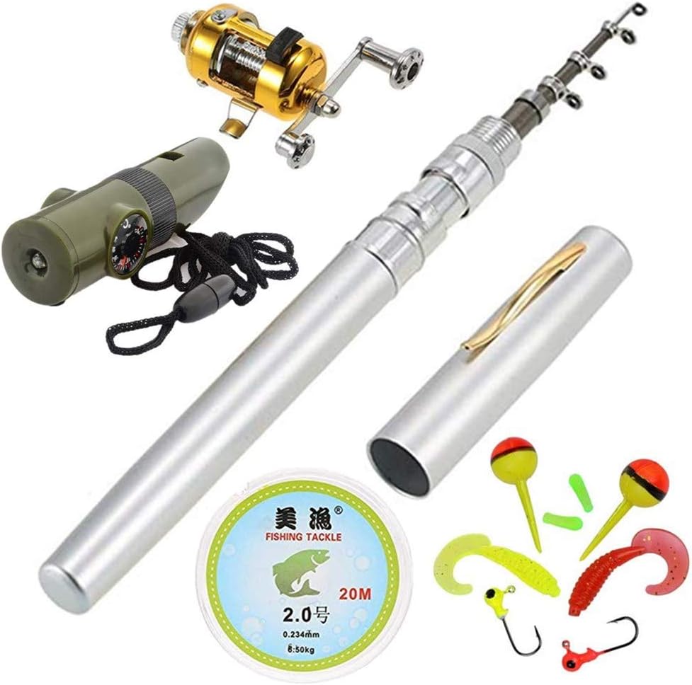jatzde Portable Mini Telescopic Pen Fishing Rod Reel Combo Set —— Pocket Fishing Rod Pole + Reel Aluminum Alloy + Fishing Line + Soft Lures Set+7 in 1 Emergency Survival Whistle (Silver)