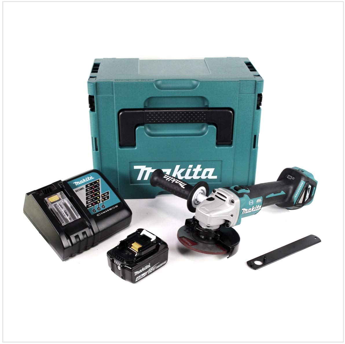 Makita DGA 513 RM1J akumulatorowa szlifierka kątowa 18 V 125 mm Brushless + 1 x akumulator 4,0 Ah + ładowarka + Makpac