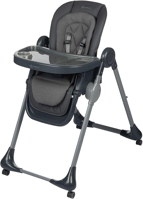 Safety 1st Olea chaise haute 3-en-1 pour nouveau-nés à tout-petits | Mode chaise booster de cuisine, réglable, inclinable, design facile à nettoyer, roues pivotantes – Graphite minéral