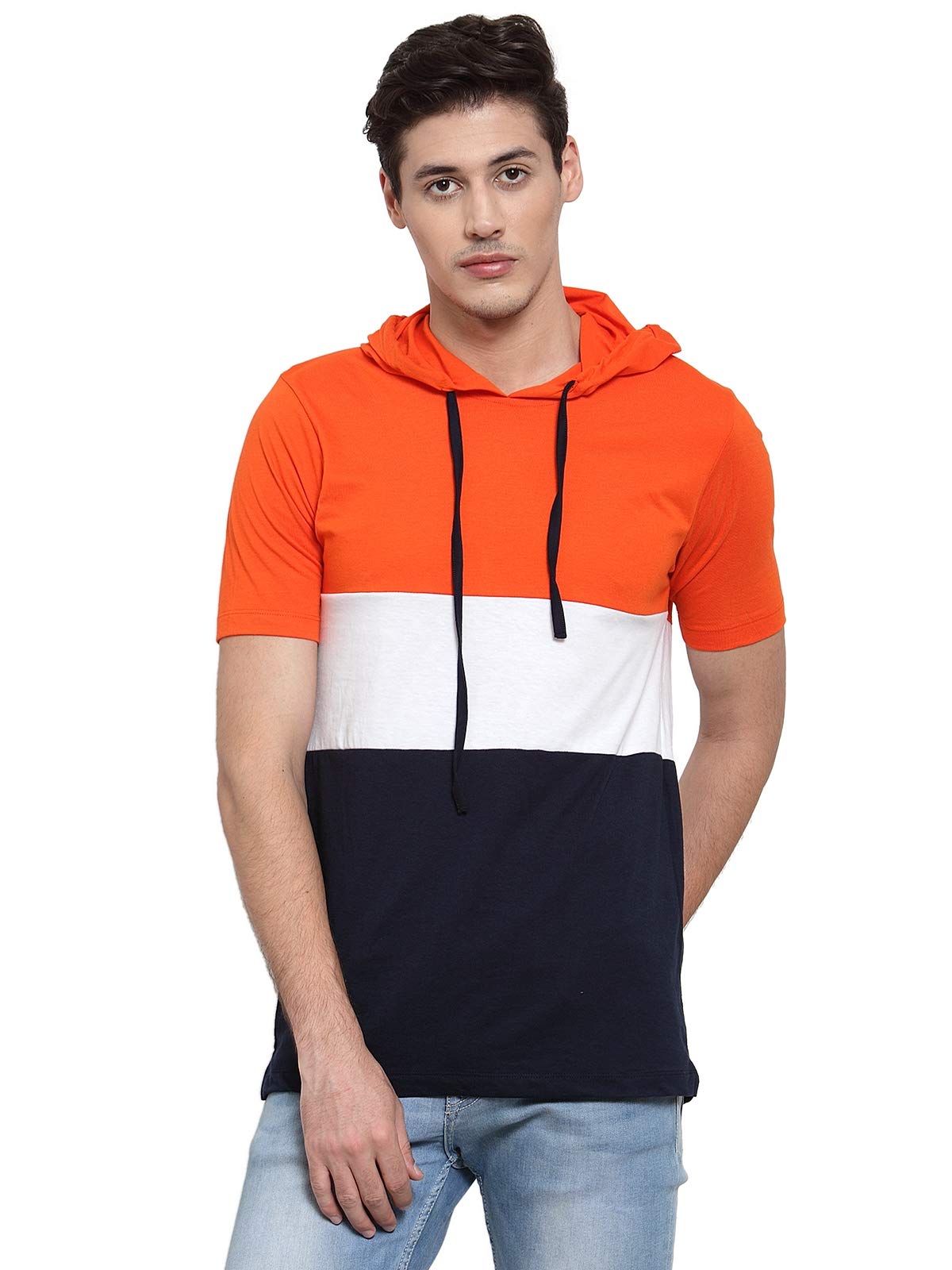 kalt Men's Half Sleeves Broad Striped Cotton Blend Hoodie(Navy::White::Orange)-picture-30