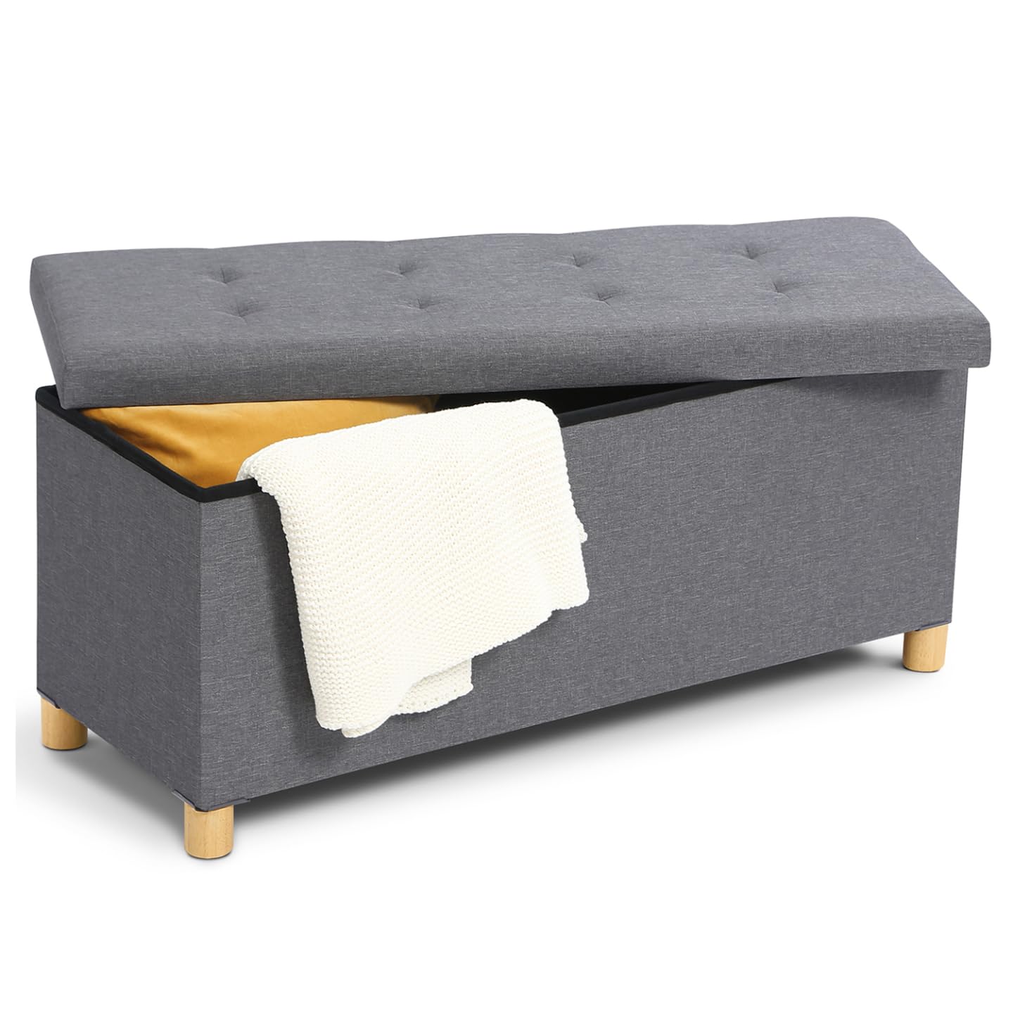 Banc coffre rangement 100 cm tissu gris anthracite, coffre de rangement sur pied salon