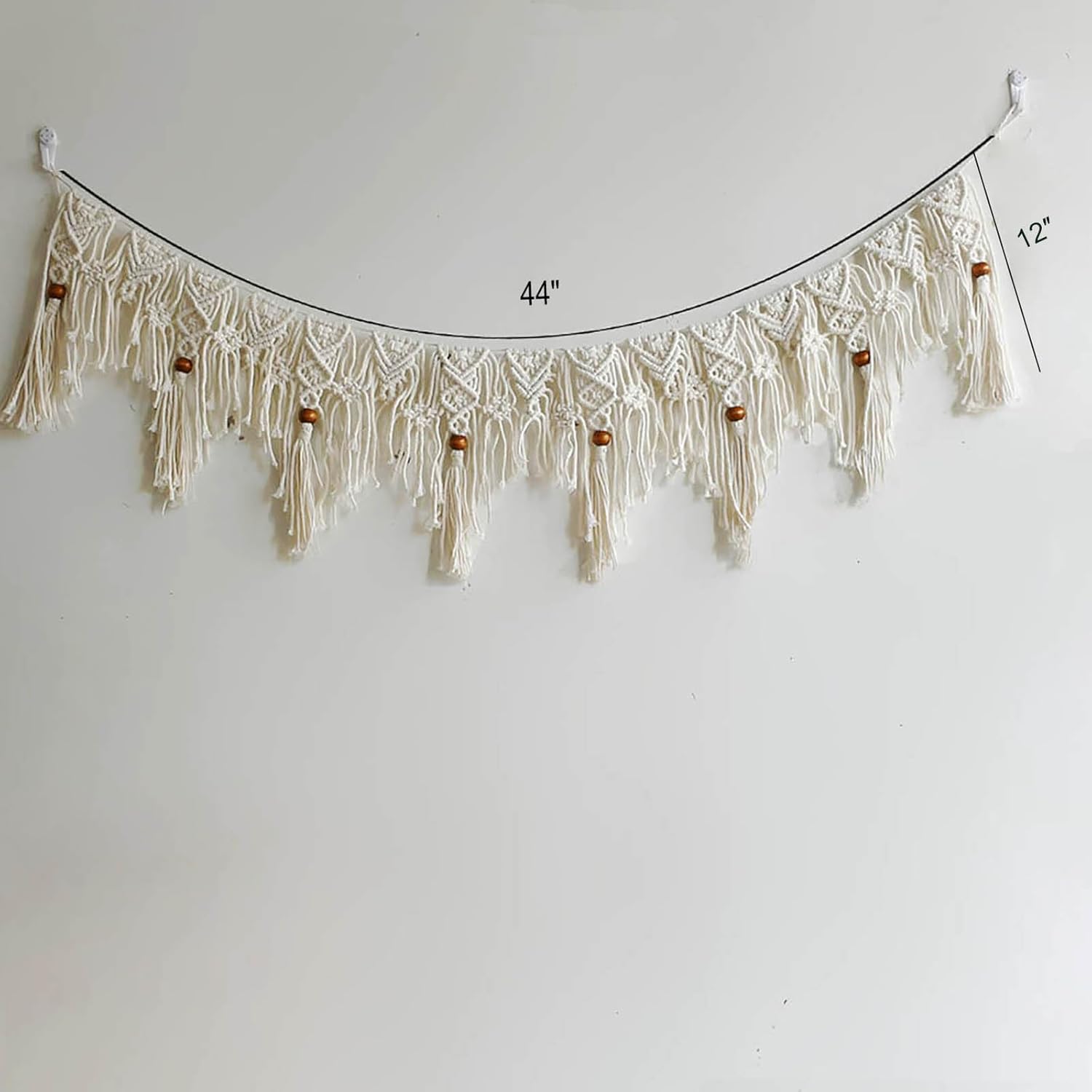 Macravine Macrame Wall Hanging Garland, Green and Cream, Bohemian Style with Wooden Beads, Handwoven Cotton Fringe Banner,44“X12.8” (Beige)