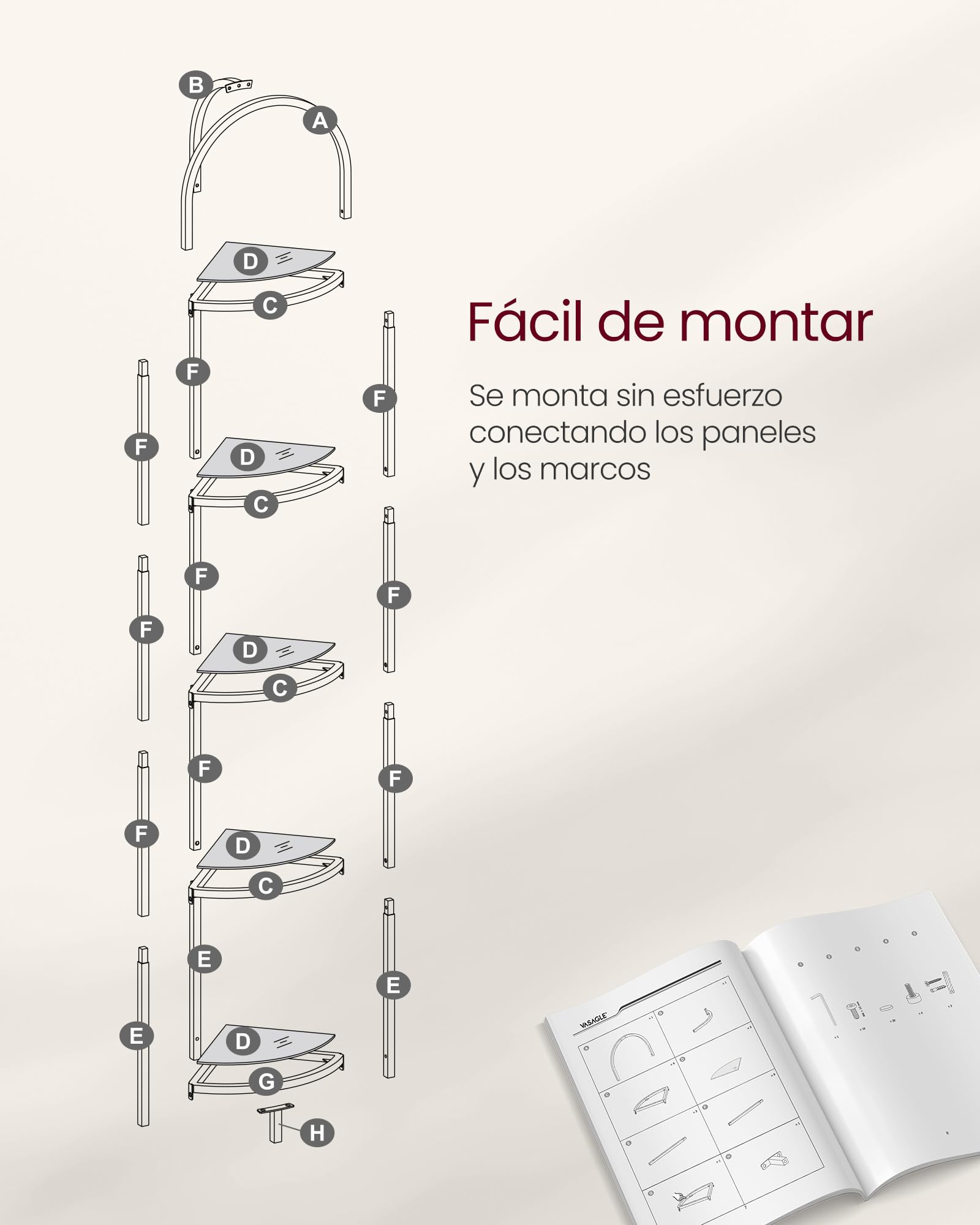 VASAGLE Estantería Esquinera de 5 Niveles, Librería, Soporte para Plantas, Estantería para Baño, Vidrio Templado, Marco de Metal, Estilo Moderno, para Salón, Cocina, Dorado Metálico LGT810A01