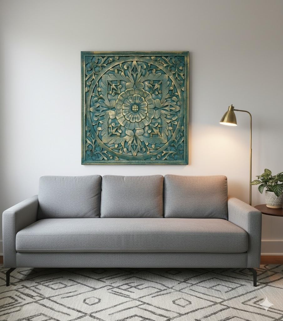 WoodIdea Like old carving for select people the secret of the beauti of the wall Wooden Wall Panel, Wall Hanging Panel or Frame with Size 24x24 inch in Antique Blue Gold Color-image-46
