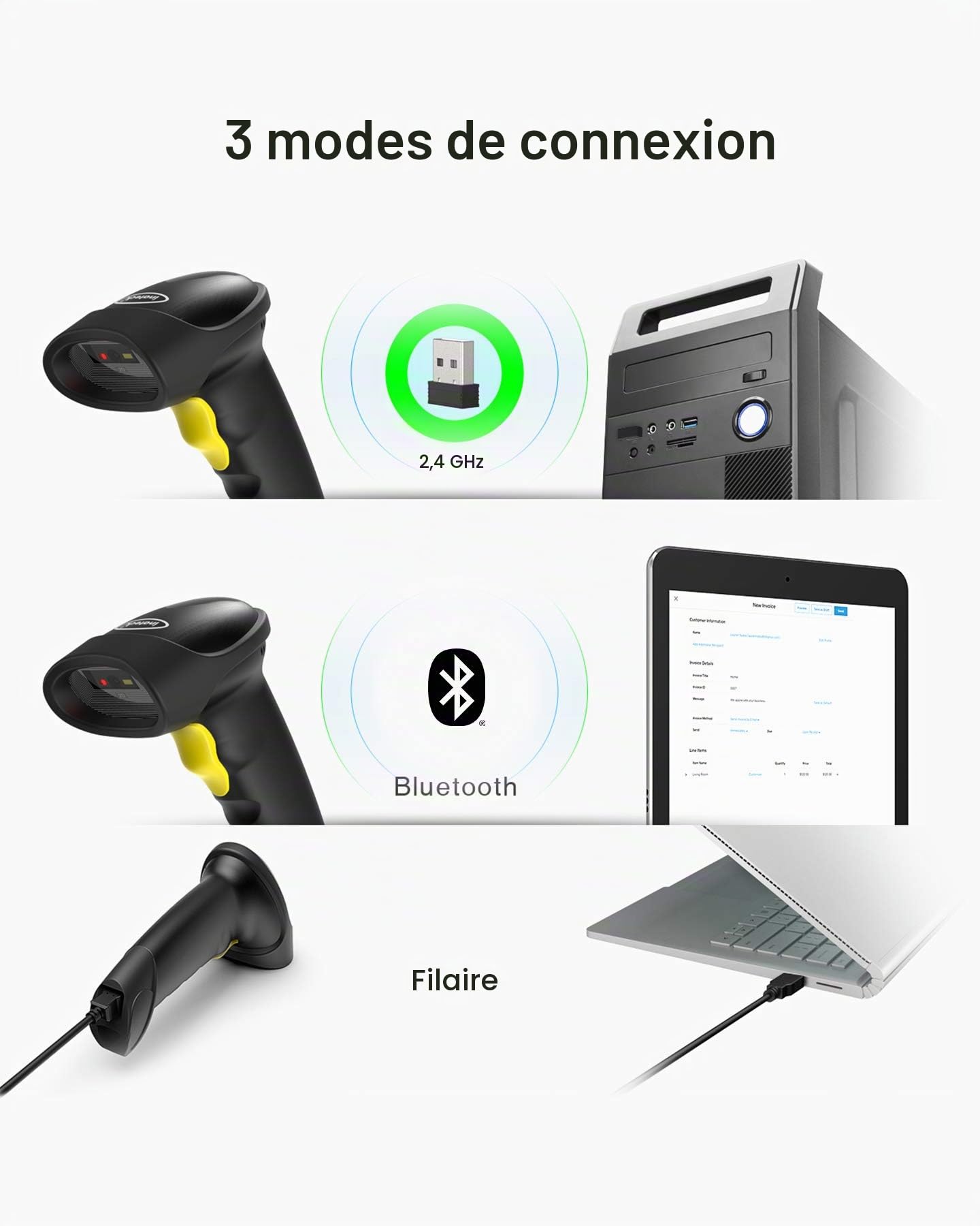 Inateck Lecteur de Codes-Barres 2D QR sans Fil pour POS, QR Douchette, BCST-50