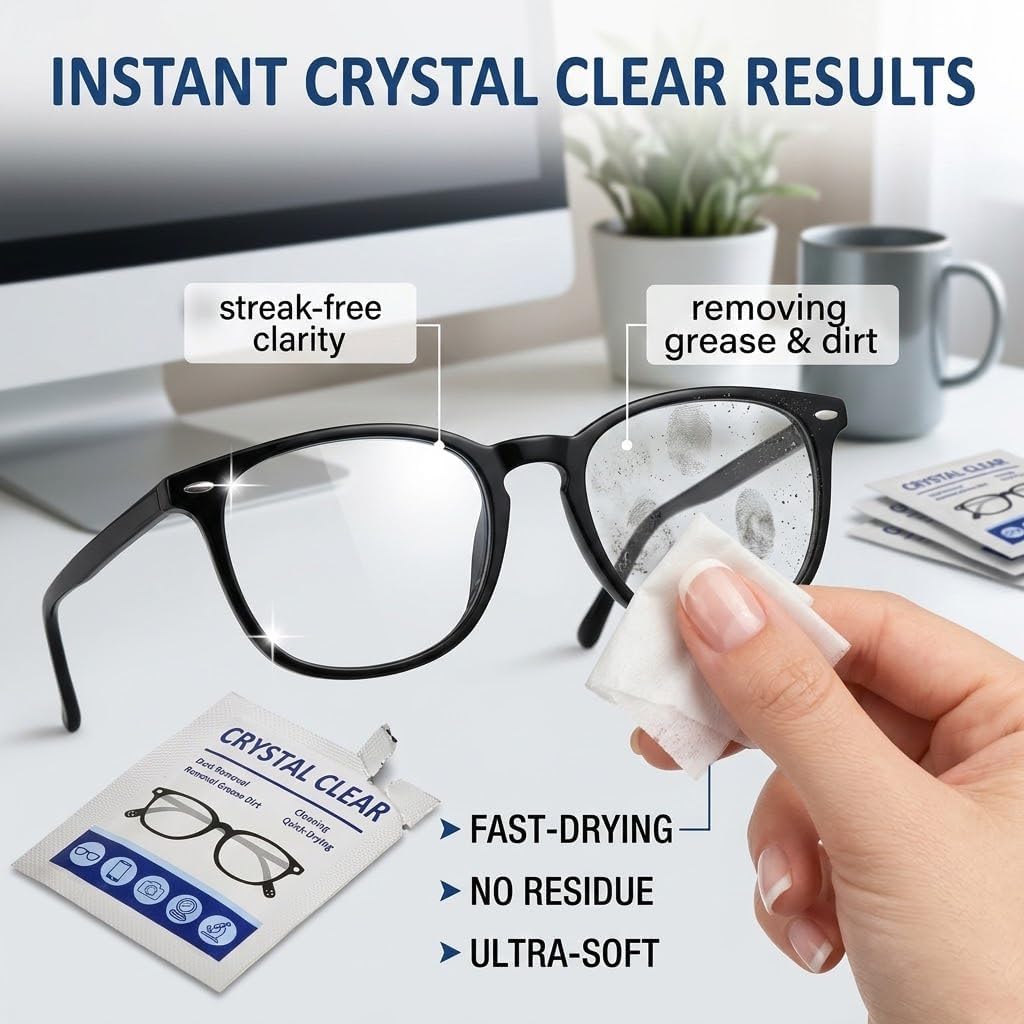 Eyeglass Wipes – 200 Count Bulk Pack – Large Size (4.72" x 5.9") – Fresh Ocean Scent – Pre-Moistened Lens Cleaning Wipes for Glasses, Sunglasses, Cameras & Screens – Streak-Free