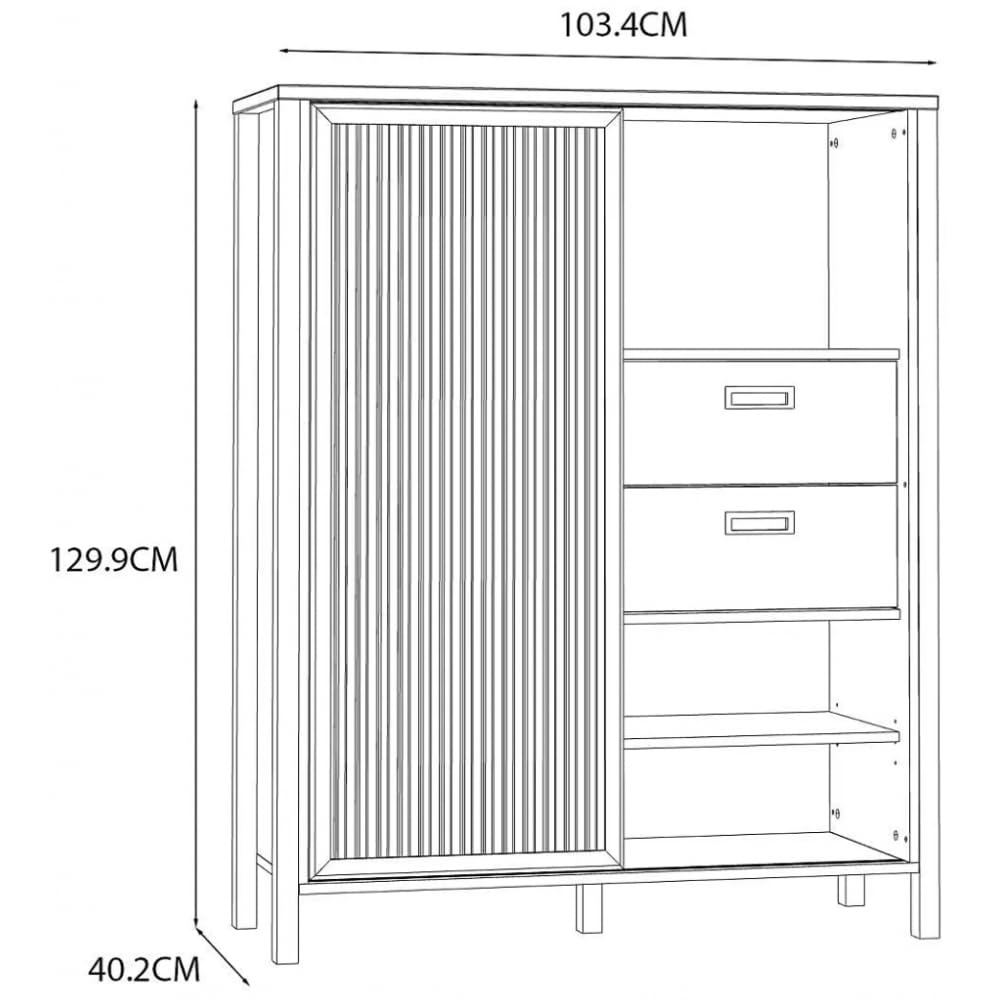 Forte JYTANA Schrank 100 105, skandinavischer Schrank mit 2 Schubladen, Schranktür und 3 offenen Fächern, Mauvella Eiche mit Schwarz, 103,4 cm breit x 129,9 cm hoch x 40,2 cm tief