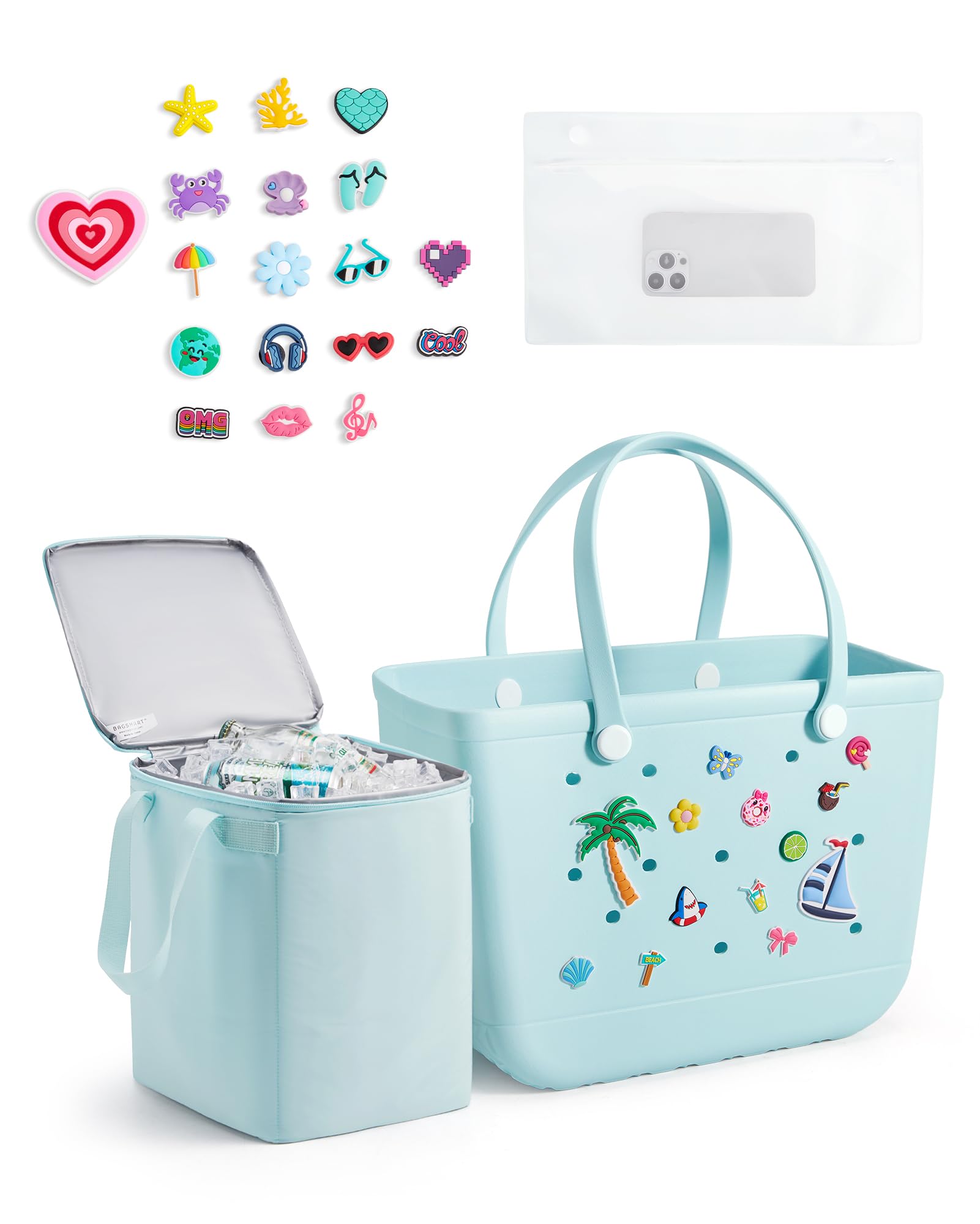 Photo 1 of **BROKEN HANDLE/COOLER AND CHARMS MISSING*****BAGSMART Large Beach Bag for Women with Cooler, Rubber Tote Bag with Charms, Waterproof Vacation Essentials for Swim Pool, Baby Blue