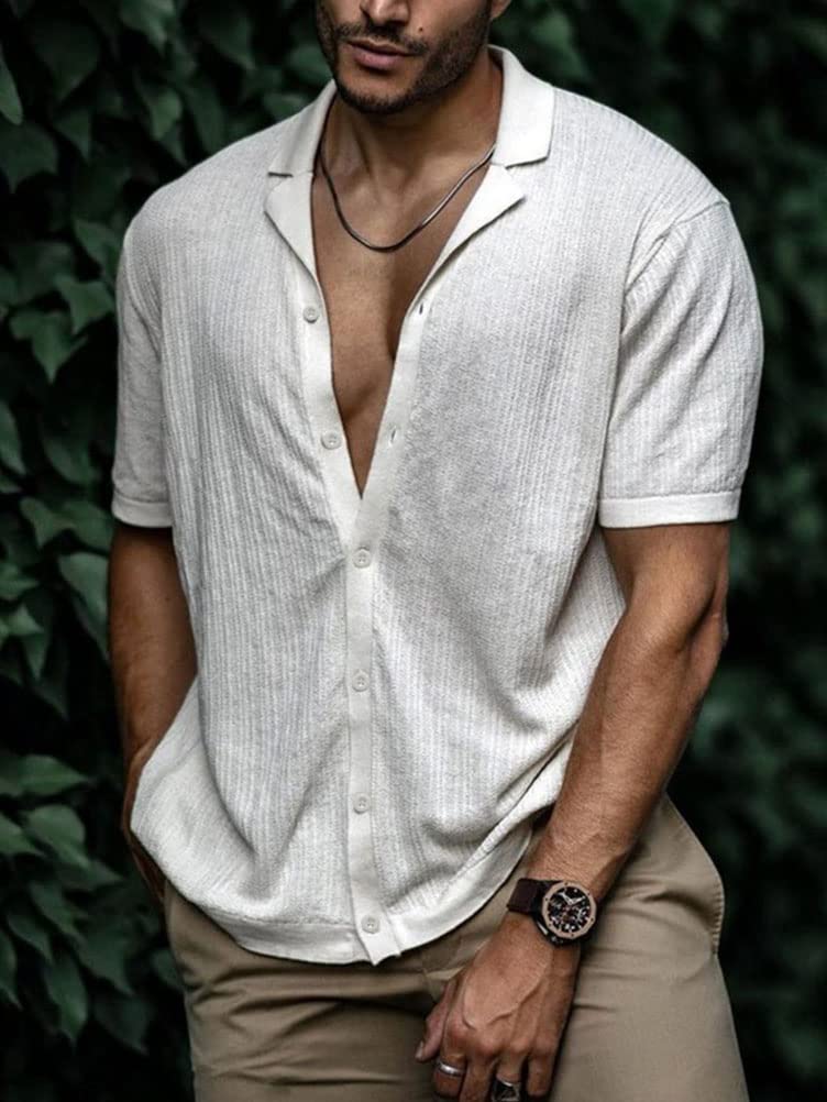 Onsoyours Chemise en Coton d'été pour Homme à col en V Cardigan Décontracté à Manches Courtes en Tricot Haut à Revers de Couleur Unie avec Boutons