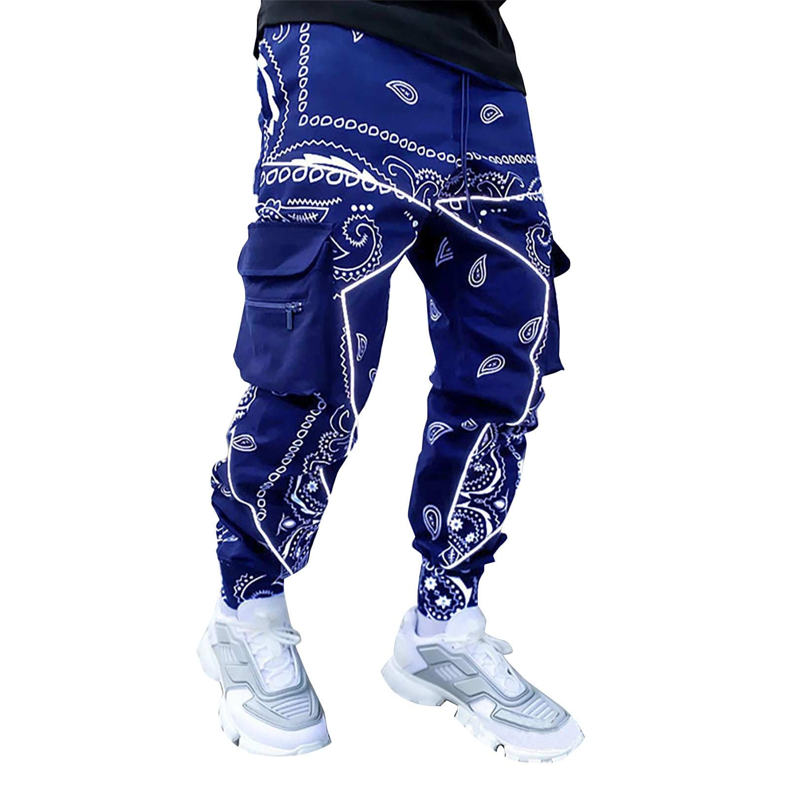 BUKKNYE Men's Hippie Harem Pants Baggy Boho Patterned Low Crotch Lounge Wide Leg Trousers for Yoga Summer Beach Pants(Navy,L)