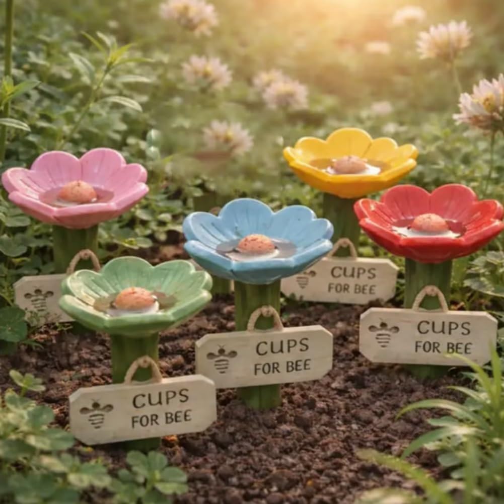 Flower-Shaped Ceramic Bee Watering Station, Floral Pattern, Bird Feeder, 5-Piece Set