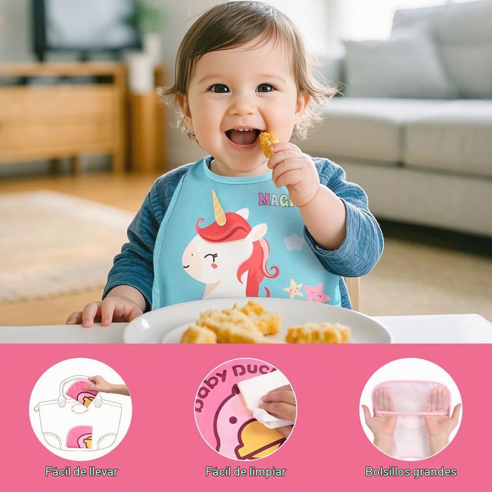 HOTUT Baberos Bebe, Babero Impermeable Bebe para Bebes y Niños Pequeños, Unisex, Ajustable, Babero Cómodo, Ligero, con Bolsillo Recogemigas, Sin BPA