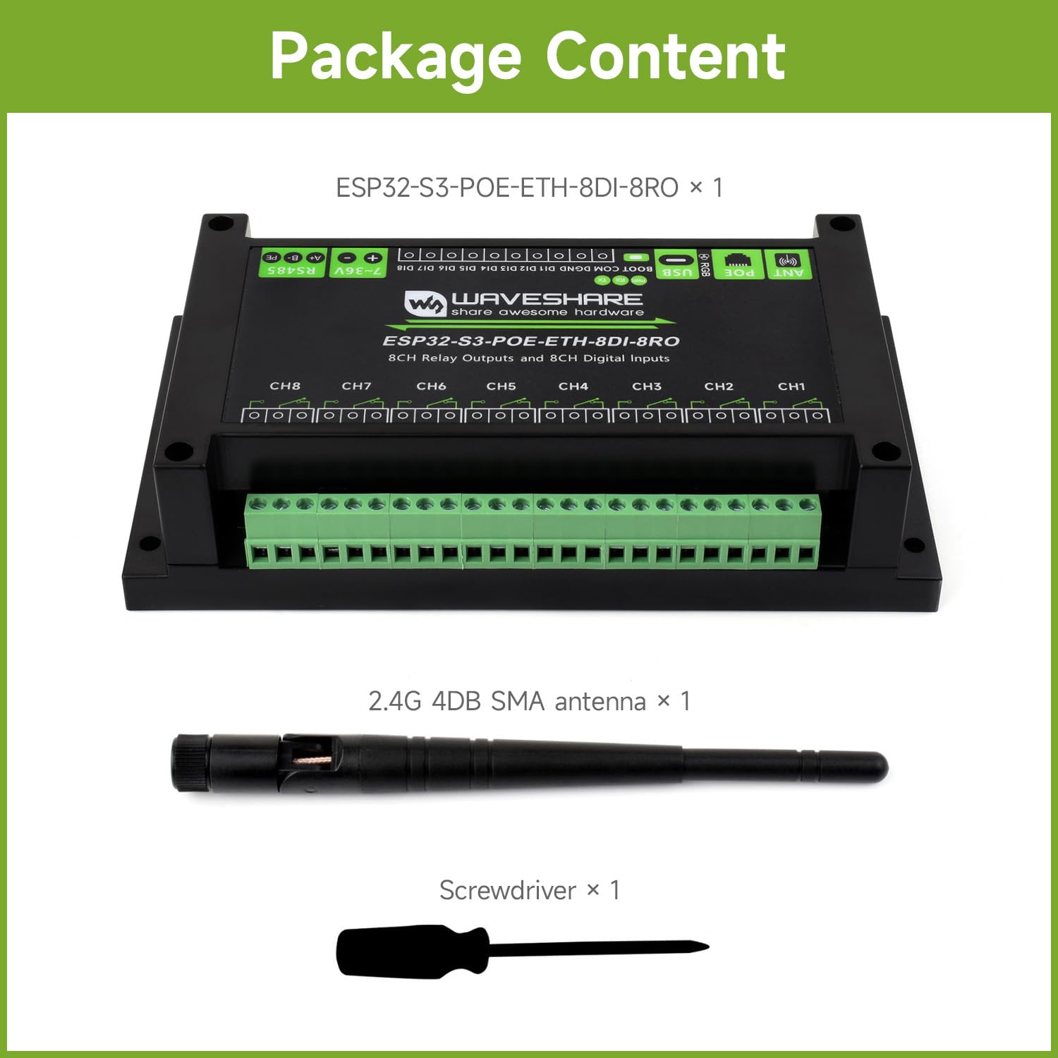 Waveshare ESP32-S3-POE-ETH-8DI-8RO(PoE Network Port), Industrial 8-Ch ESP32-S3 WiFi Relay Module, Isolated RS485 Interface, Xtensa 32-Bit LX7 2Core Processor, Up To 240MHz, Multi Isolation Protection