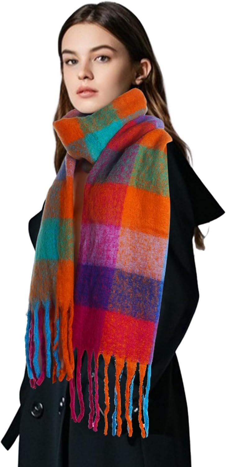 Marrywindix Winter Women Warm Scarf Large Soft Chunky Plaid Scarf Oversized Colorful Checked Thick Knit Casual Tassel Shawl - Image 4