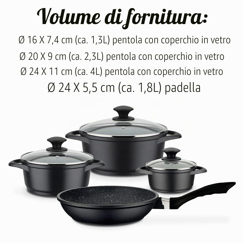 GSW Set di pentole e padelle Gourmet Granit – Set di pentole e padella di alta qualità con coperchio, anche per induzione e forno, in alluminio pressofuso, 7 pezzi, nero