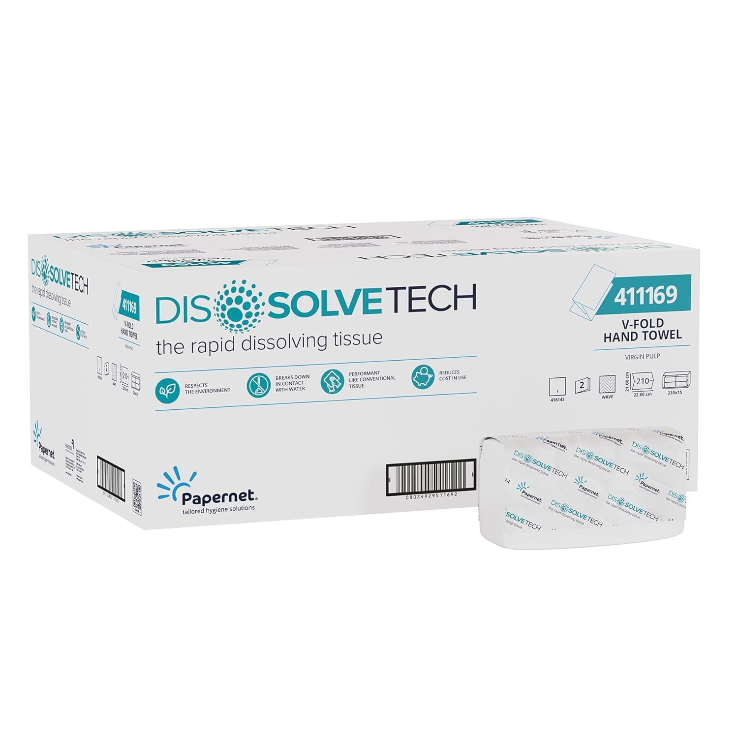 Papernet 411169 Toallas de mano Plegado V Dissolve Tech - Caja de 15 paquetes (Total toallas 3150) - ideal para lugares de alto trafico