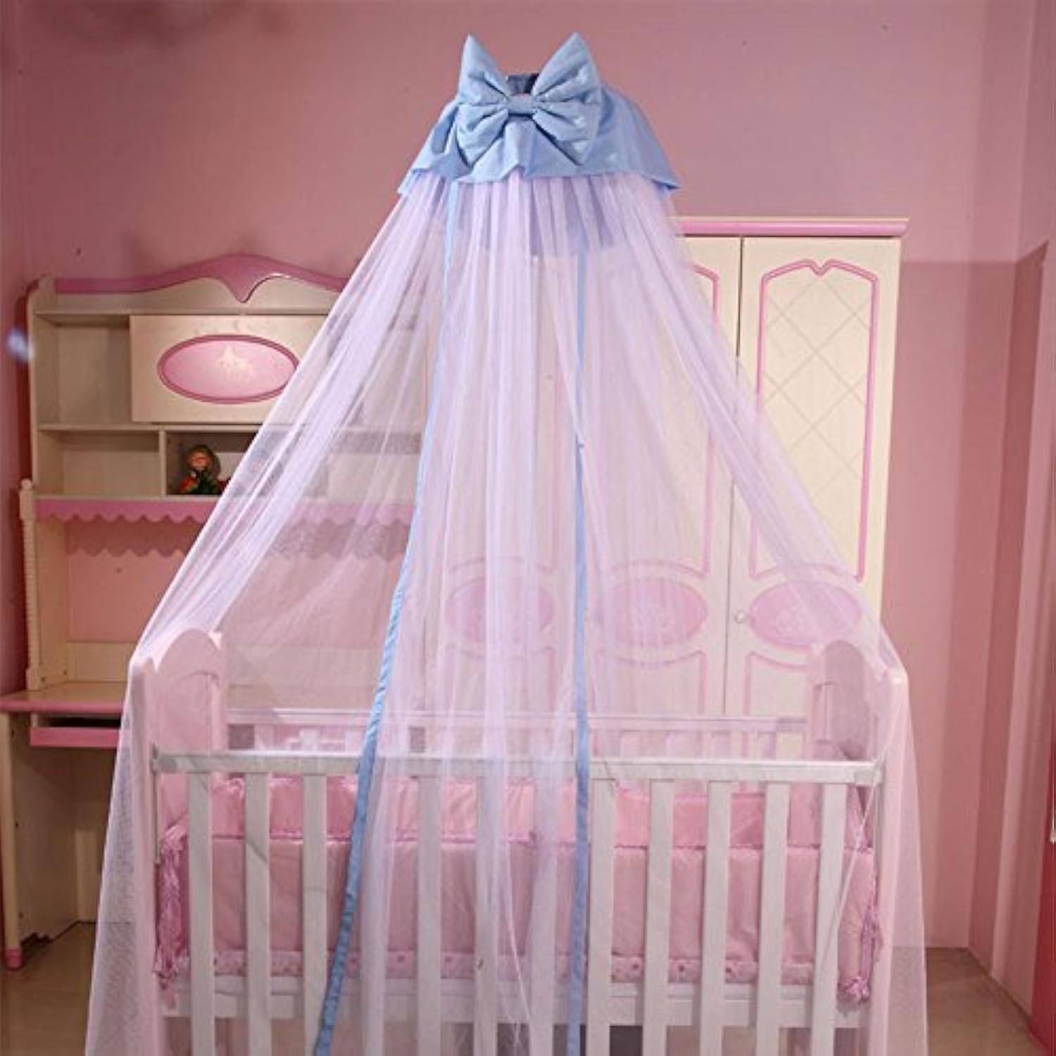 Dome Style Hanging Baby Mosquito Net Princess Girls Bed Canopy with Pink Bowknot Decor, Netting with Bracket