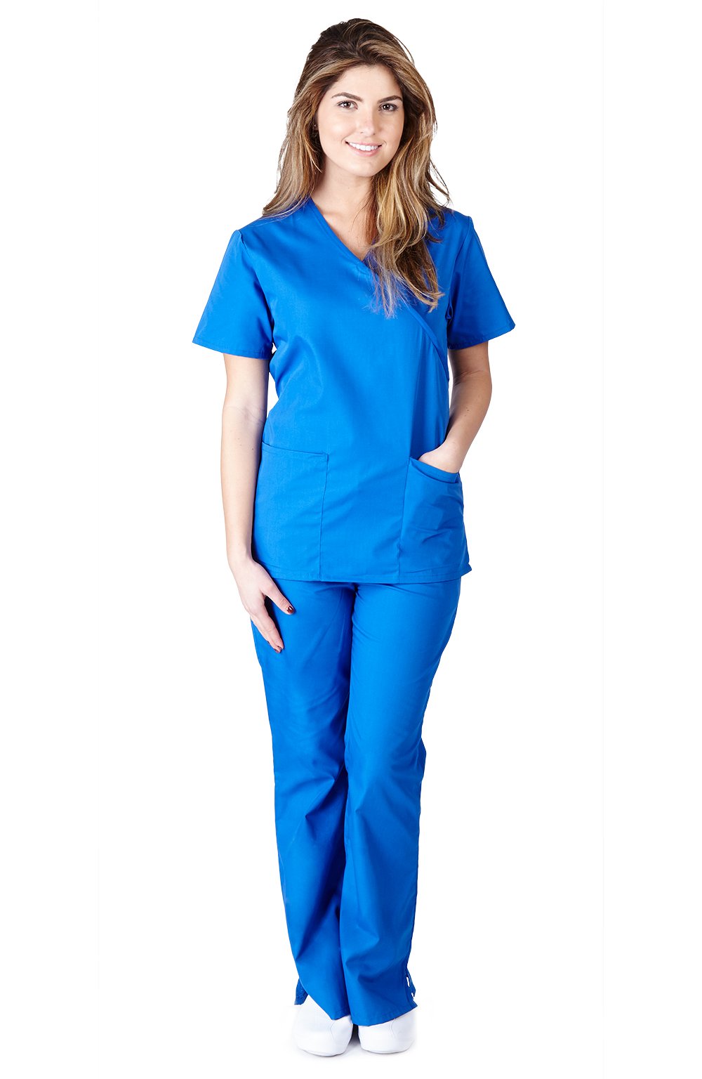 Natural Uniforms Mock Wrap Women's Medical Work Wear Top and Pants (Medium, True Royal Blue)