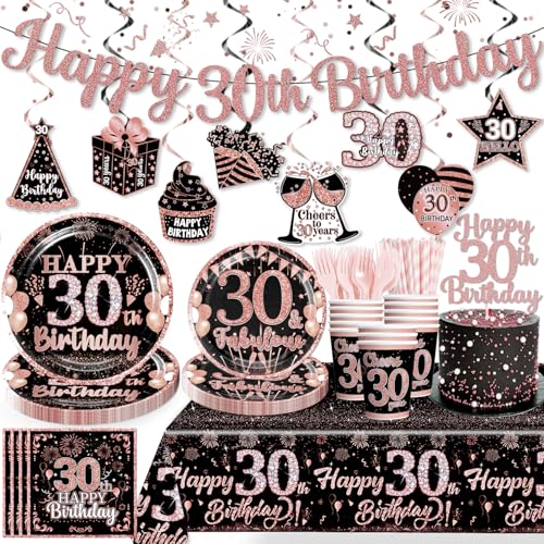 Yingoto 161 PCS 30th Birthday Decorations for Women, Rose Gold Party Supplies Kit with 300gsm Cardstock Paper Plates, Perfect for 25 Guests, Ideal for 30th Birthday Celebration