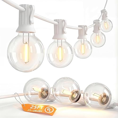 SUNSGNE - Cadena de luces LED G40 de 25 pies para exteriores, luces blancas para patio con 25 bombillas LED transparentes y a prueba de roturas en