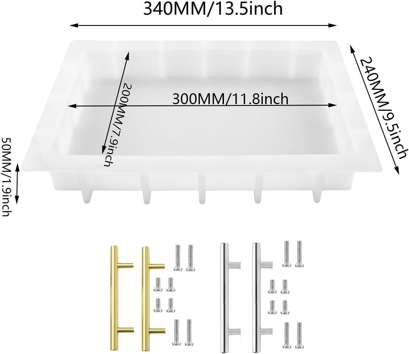Resin Tray Molds Silicone, 13.5" Large Rectangle Deep Resin Mold & Gold and Silver Handle, Shiny Silicone Tray Board Table Mold for Resin, Floral Preservation Bouquet Resin Mold