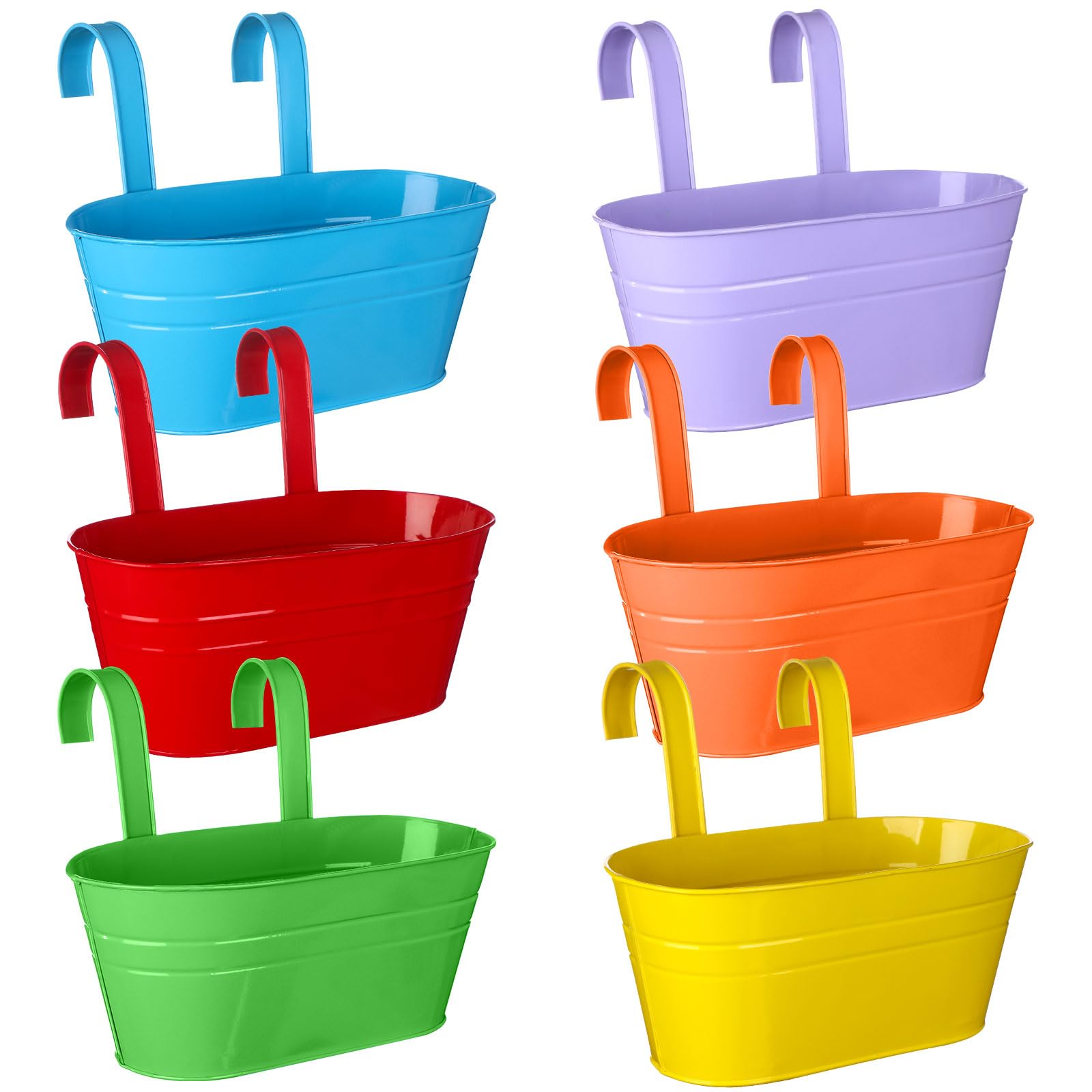 Beautywen 6 Pack Metal Hanging Flower Pots Double-hook Hanging Buckets Flower Pots Planters Metal Iron Pots Fence Planters for Fence Balcony Garden