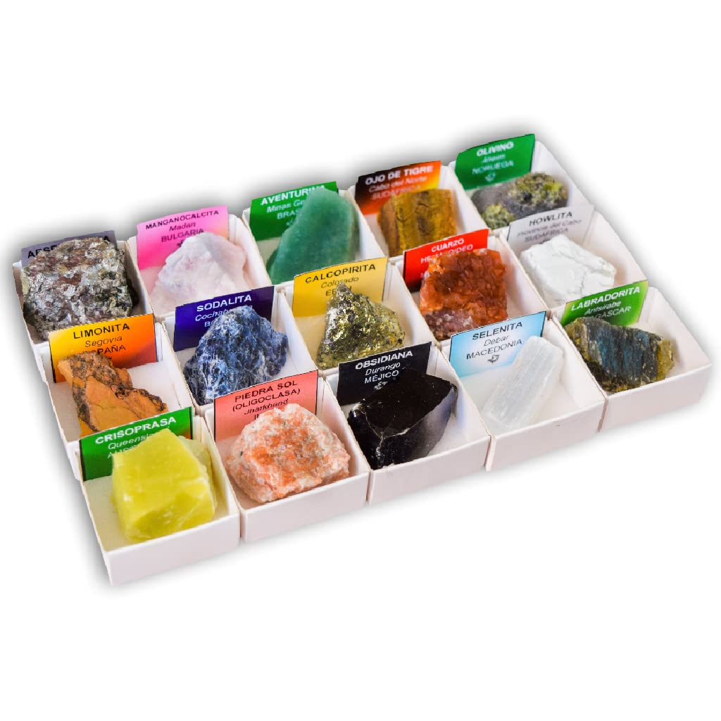 Colección De 15 Minerales Auténticos En Caja De Madera Natural – Muestras Reales De 2-3 Cm Con Etiquetas Informativas, Kit Educativo De Geología Para Niños