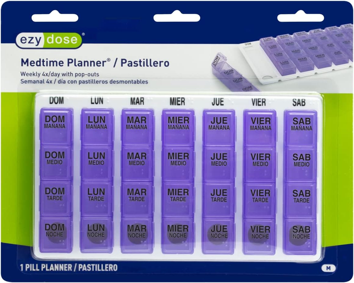 EZY DOSE One-Day-at-A-Time Weekly Travel Pill Planner, Medium, Spanish Text, Color May Vary