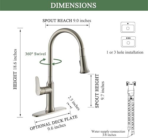 Miniatura 6 de TimeArrow TAF782C-BN - Grifo de cocina con rociador extraíble de níquel cepillado, grifo de fregadero de cocina de arco alto con placa de cubierta,