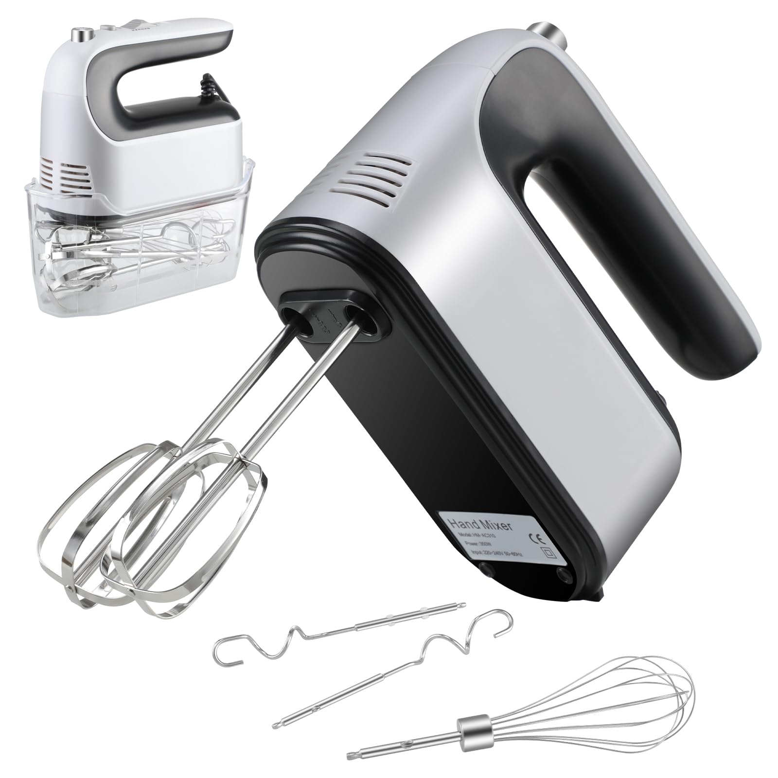 Hand Mixer Electric Whisk, Food Kitchen Mixer, 5 Self Control Speed with Turbo Button, Electric Whisk with Storage Case, 5 Stainless Steel Accessories for Baking, Dough, Bread, Eggs, Cream (White)