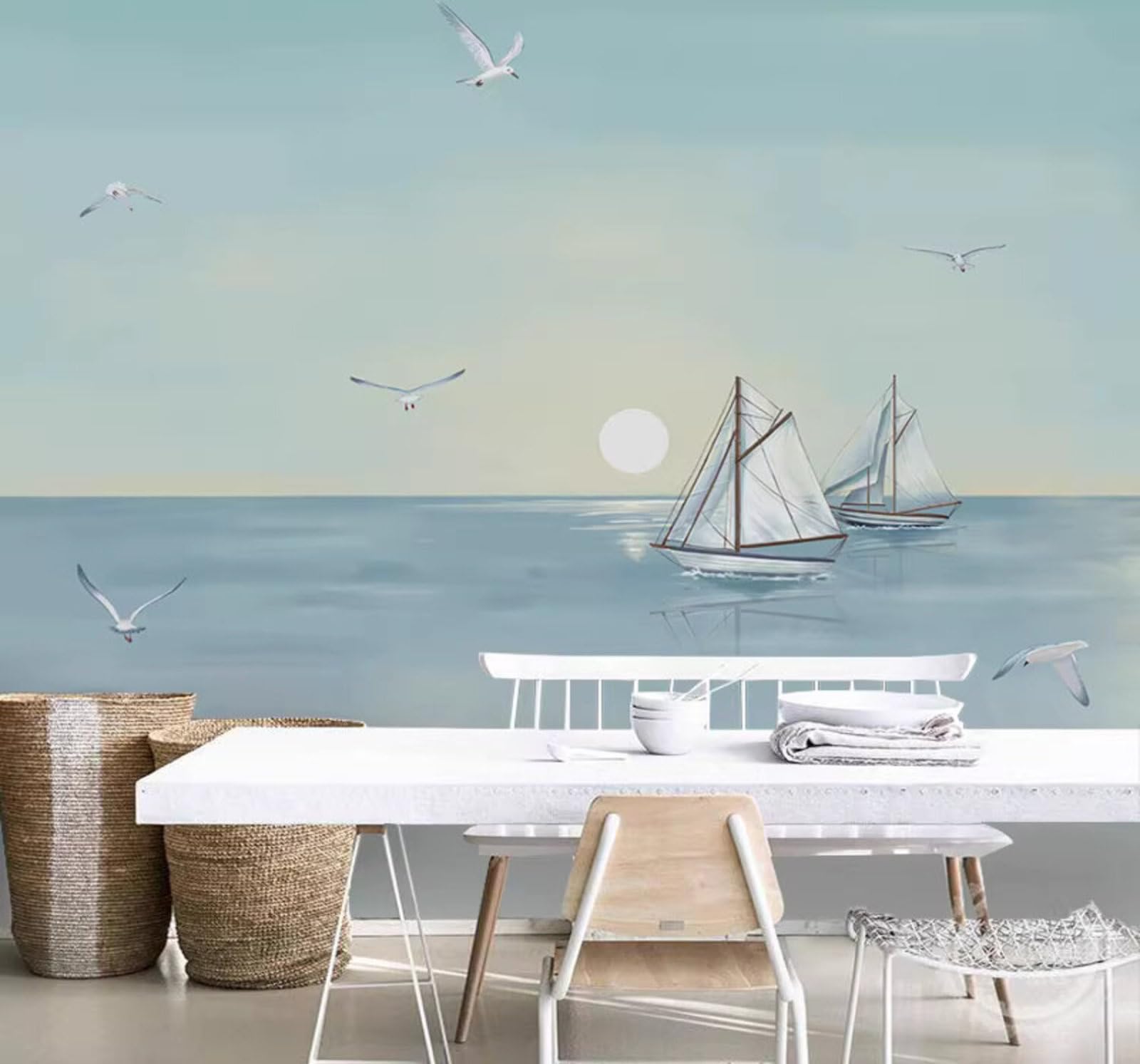 Minimalist Hand Drawn Ocean Sailboat Sunrise 3D Wallpaper Easy Install Feature Office Living Room Sofa Bedroom TV Background Wall Decoration-250cm×170cm