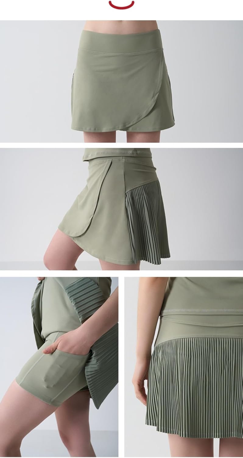 Women's 2-in-1 Tennis Skirt with Shorts, Pleated Athletic Skirt for Sports, Light Ivory/Green/Black