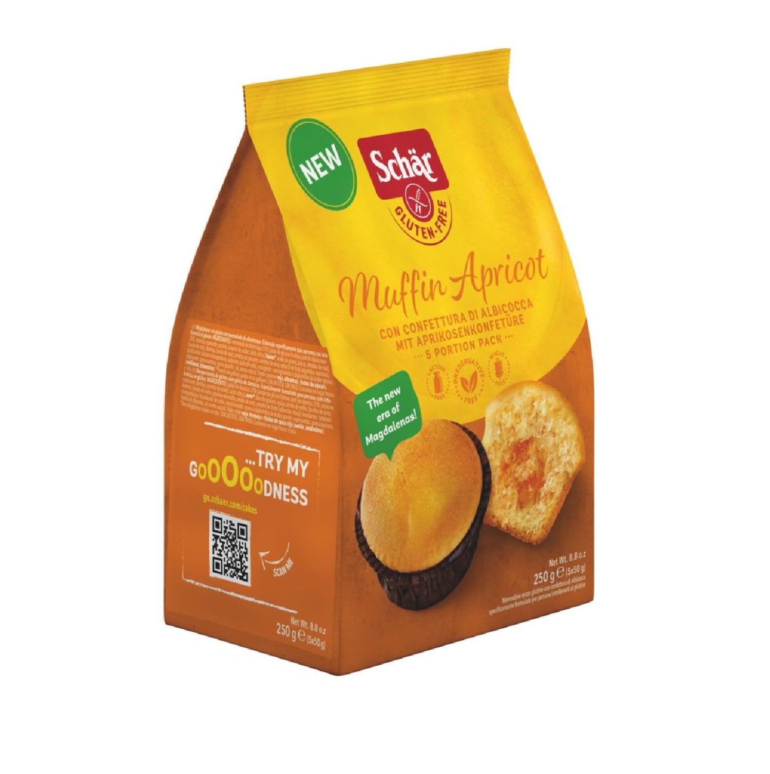 Italian Gourmet Muffin Apricot albicocca con confettura glutenfrei 4 x 250g | Dolce morbido e pratico; einzeln verpackt, ideal für Frühstück und Pausen, Gesamtnettogewicht 1 kg + Kostenlos Polpa 400g