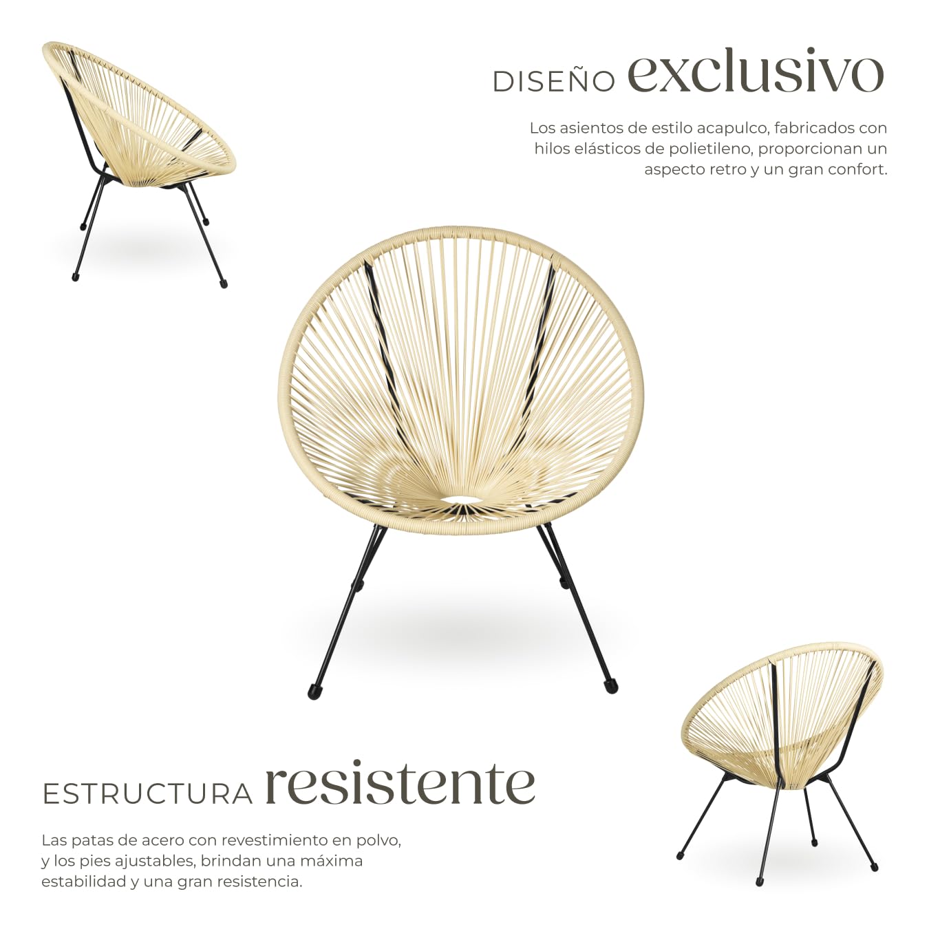 tectake® Conjunto de 2 Sillas Jardín Exterior Estilo Acapulco, Conjunto Sillas Terraza de Acero, Resistente a Intemperie, Hilos de Polietileno y Topes en Patas, Hasta 120kg, Interior/Exterior - beige