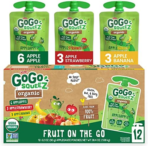 GoGo squeeZ Organic Fruit on the Go Variety Pack, Apple/Banana/Strawberry, 3.2 oz. (12 Pouches) - Made from Organic Apples, Bananas & Strawberries - Gluten Free Snacks - Nut & Dairy Free - Vegan Snack