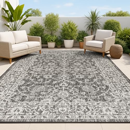 Image of JONATHAN Y Vine and Border Indoor Outdoor Area Rug 5X8 Black /Gray, Palazzo Textured Weave for Backyard, Patio, Porch, Easy-Cleaning, High Traffic, Pet-Friendly, Non-Shedding (SMB103C-5)