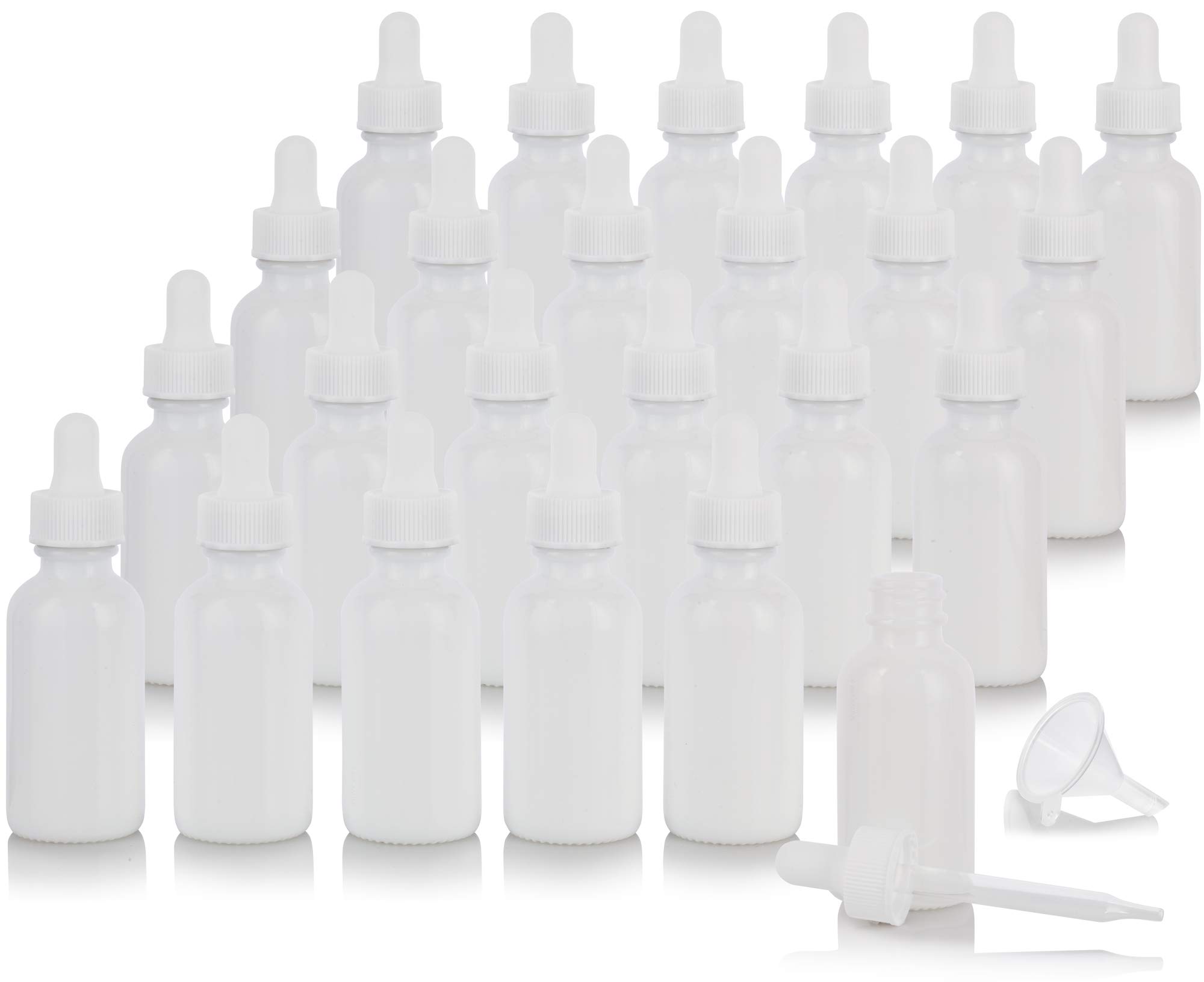 JUVITUS1 oz Opal White Glass Boston Round Bottle with White Dropper (24 pack) + Funnel
