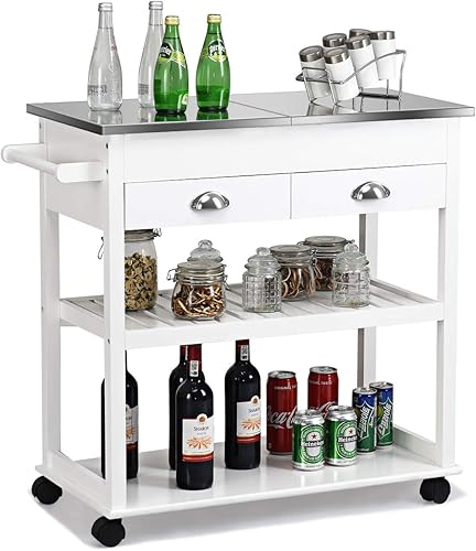 Giantex Carrito de cocina carrito de isla rodante con mesa de corte de acero inoxidable, 2 cajones, 2 estantes, carrito de almacenamiento multiusos,