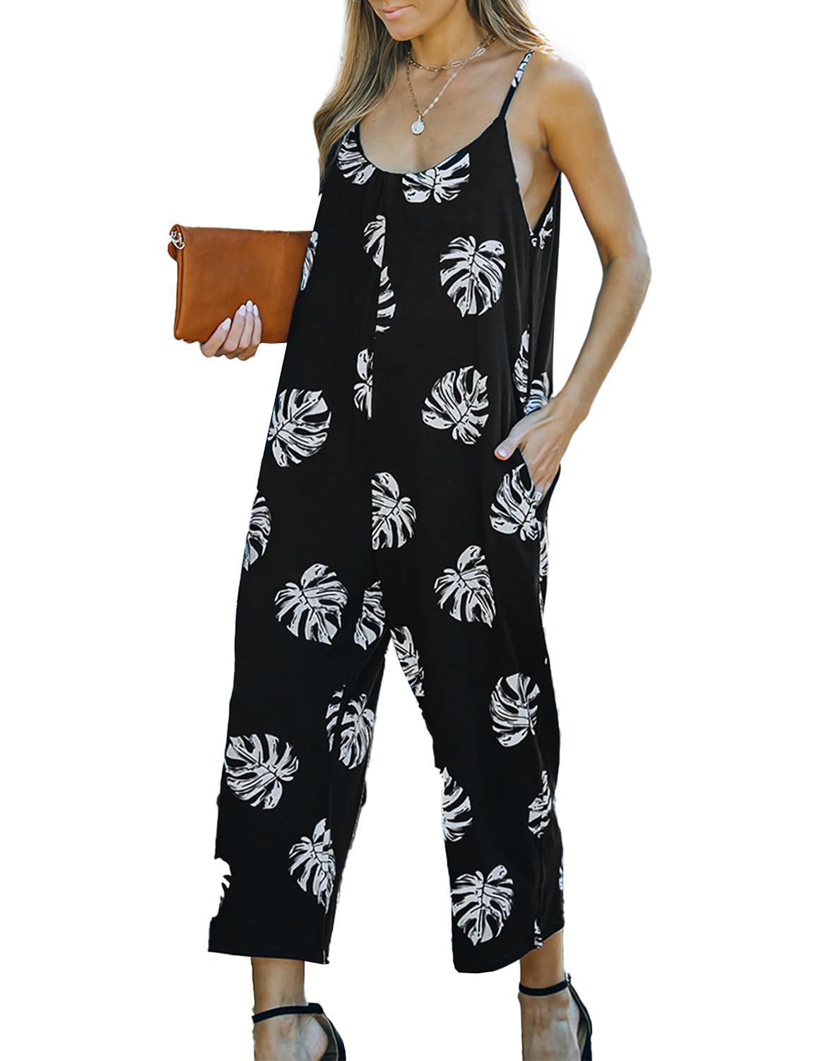 BUOYDM Mujer Monos Holgado Boho Estilo con Bolsillo Jumpsuit sin Mangas Pantalones de Playa Vacaciones Verano Negro S