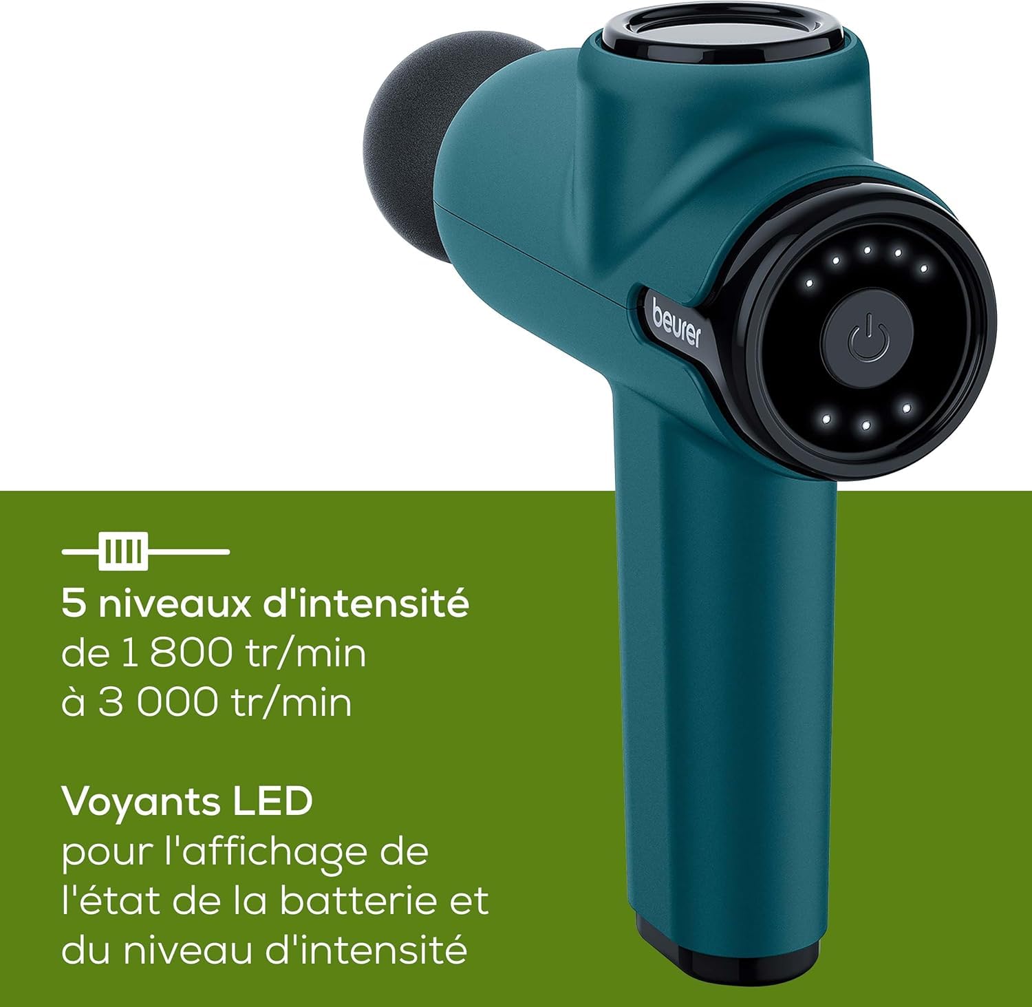 Beurer MG 99 pistolet de massage maniable avec 4 accessoires, massage puissant des points de déclenchement, relâchement des tensions, appareil de massage musculaire compact avec 5 niveaux d'intensité