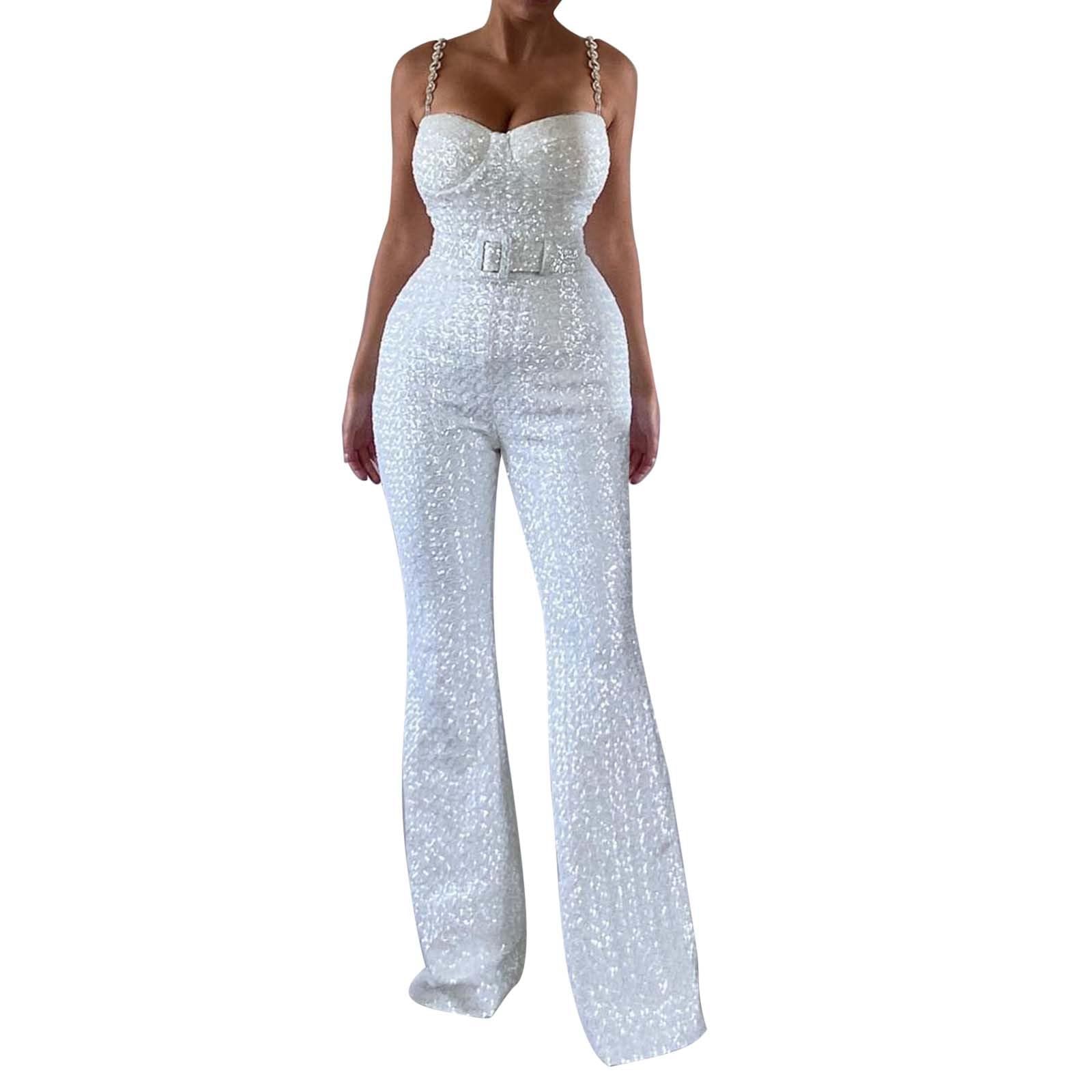 Pailletten Overall Damen Rückenfrei Bodysuit Sexy Stringbody mit Gürtel Weites Bein Strampler Elegant Einteiler Casual Body Bequemer Onesie Party Outfit