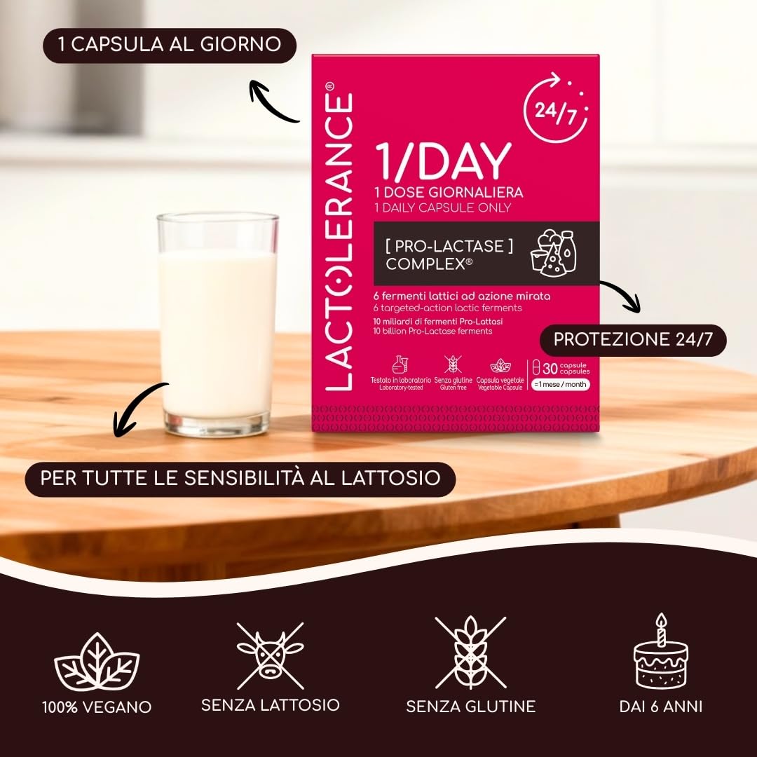 LACTOLERANCE 1/DAY Probiotici Precursori di Lattasi, 24h, 180 Capsule | 1 sola assunzione al giorno, protezione continua 24 ore su 24, fermenti lattici, confezione 6 mesi