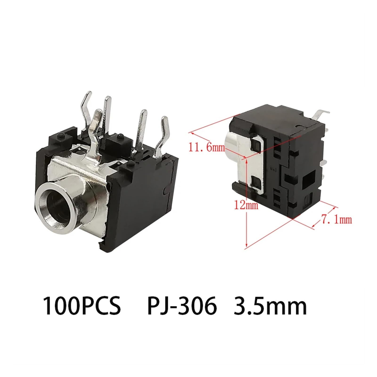 Lot de 100 connecteurs femelles stéréo mono 3,5 mm PJ-306, jack casque DIP 5 broches, noir
