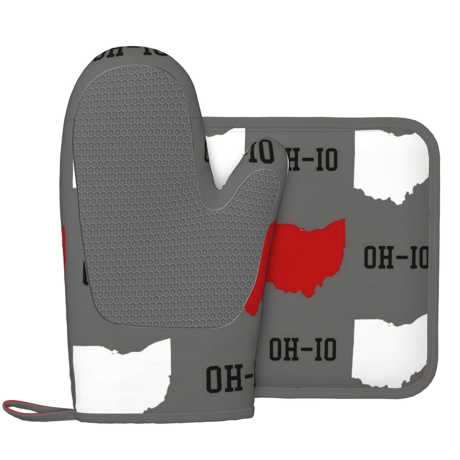 Ohio State Gray Oven Mitts and Pot Holders Set Heat Resistant Non-Slip Silicone Oven Mittens with Oven Gloves and Hot Pads Potholders for BBQ Kitchen Baking Cooking, Quilted Liner