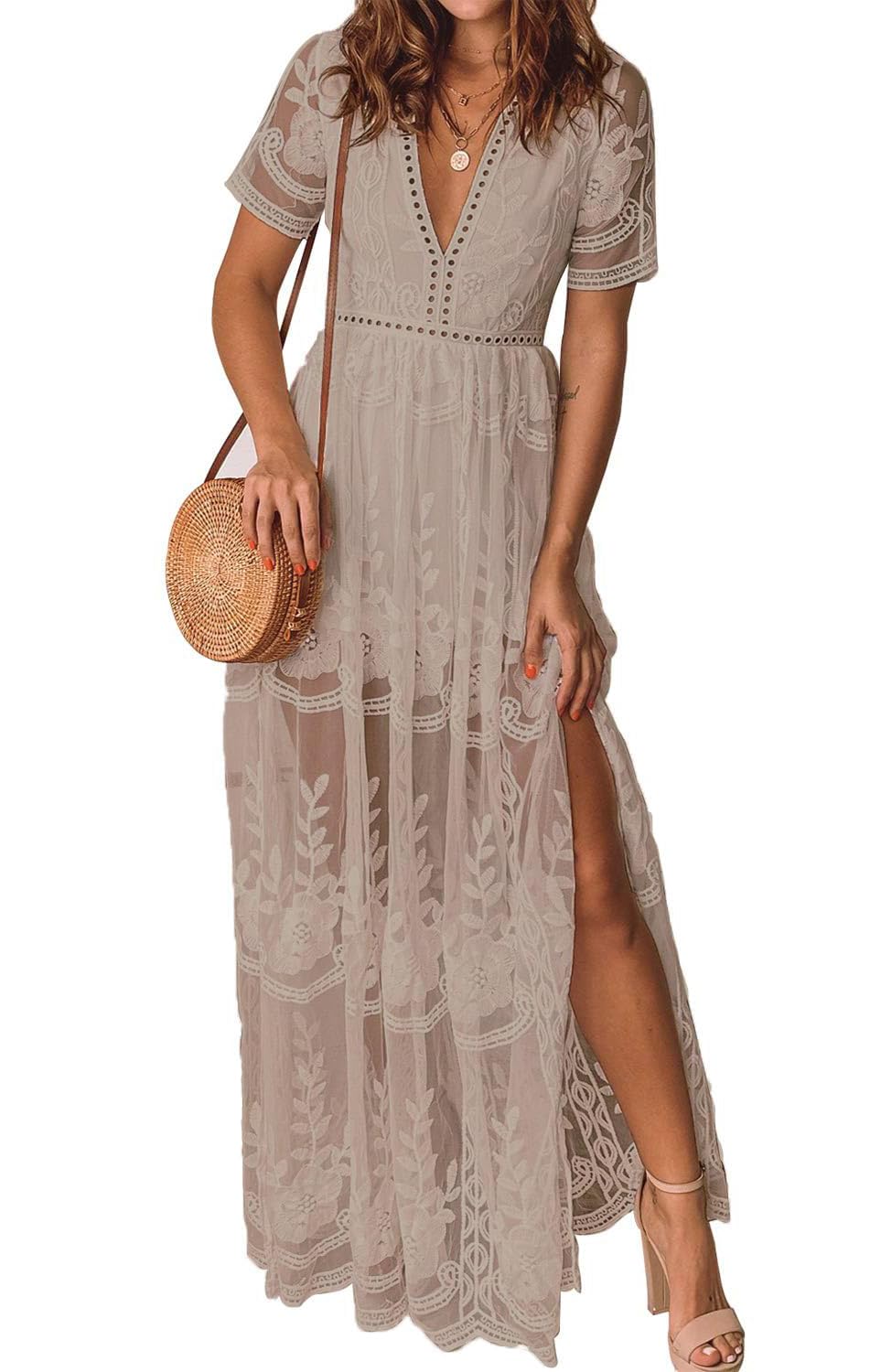 Mermaid's Closet Women's Casual Off Shoulder Lace Maxi Dress Boho White Bridesmaid Wedding Evening Party Dresses