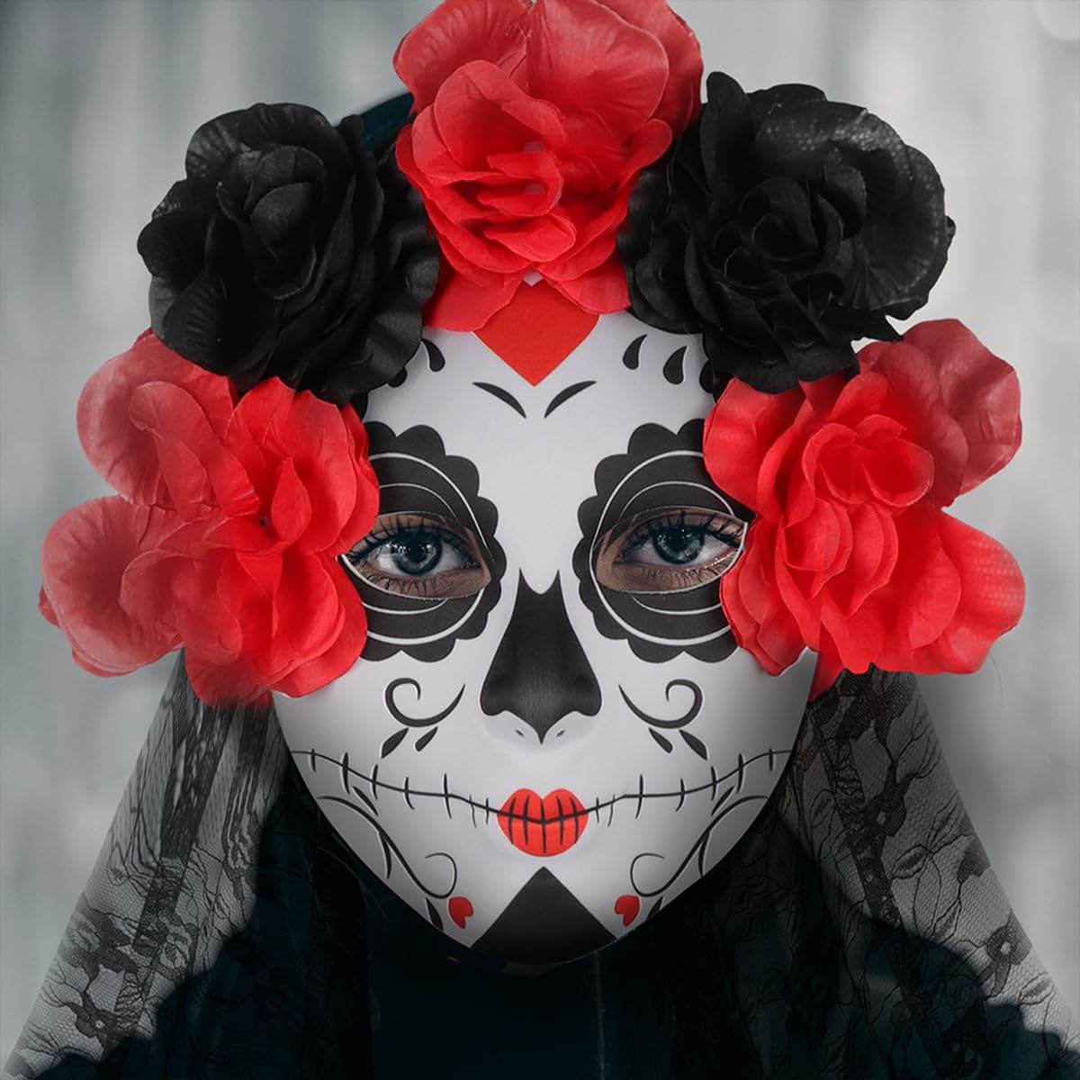 KIHOARL Day of The Dead Sugar Skull Mask with Veil and Rose Flower Crown Mexican Dia de Los Muertos Halloween Lace Mask for Masquerade Cosplay Party Costume Accessory
