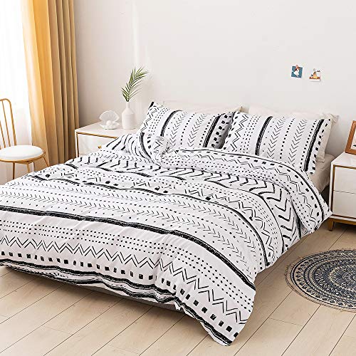 White Boho Duvet Cover Queen,Black Stripes Boho Aztec Bedding Set Bohemian Geometric Arrow Comforter Cover For Teens Adult Men Women,Reversible Soft Microfiber Quilt Cover Room Decor 2 Pillow Cases #TOP1