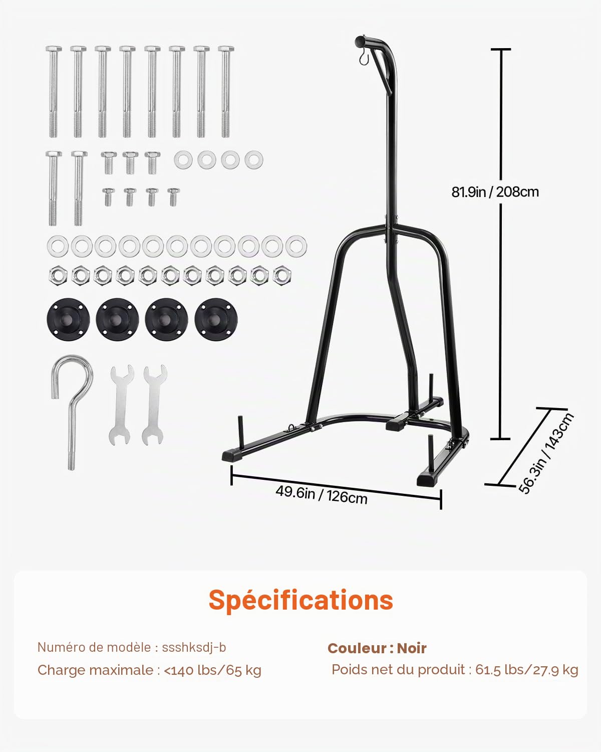 VEVOR Support pour sac de frappe, équipement d'entraînement en acier robuste, hauteur réglable avec base lestée, peut supporter jusqu'à 63,5 kg, support autoportant pour sac de sable pour la maison