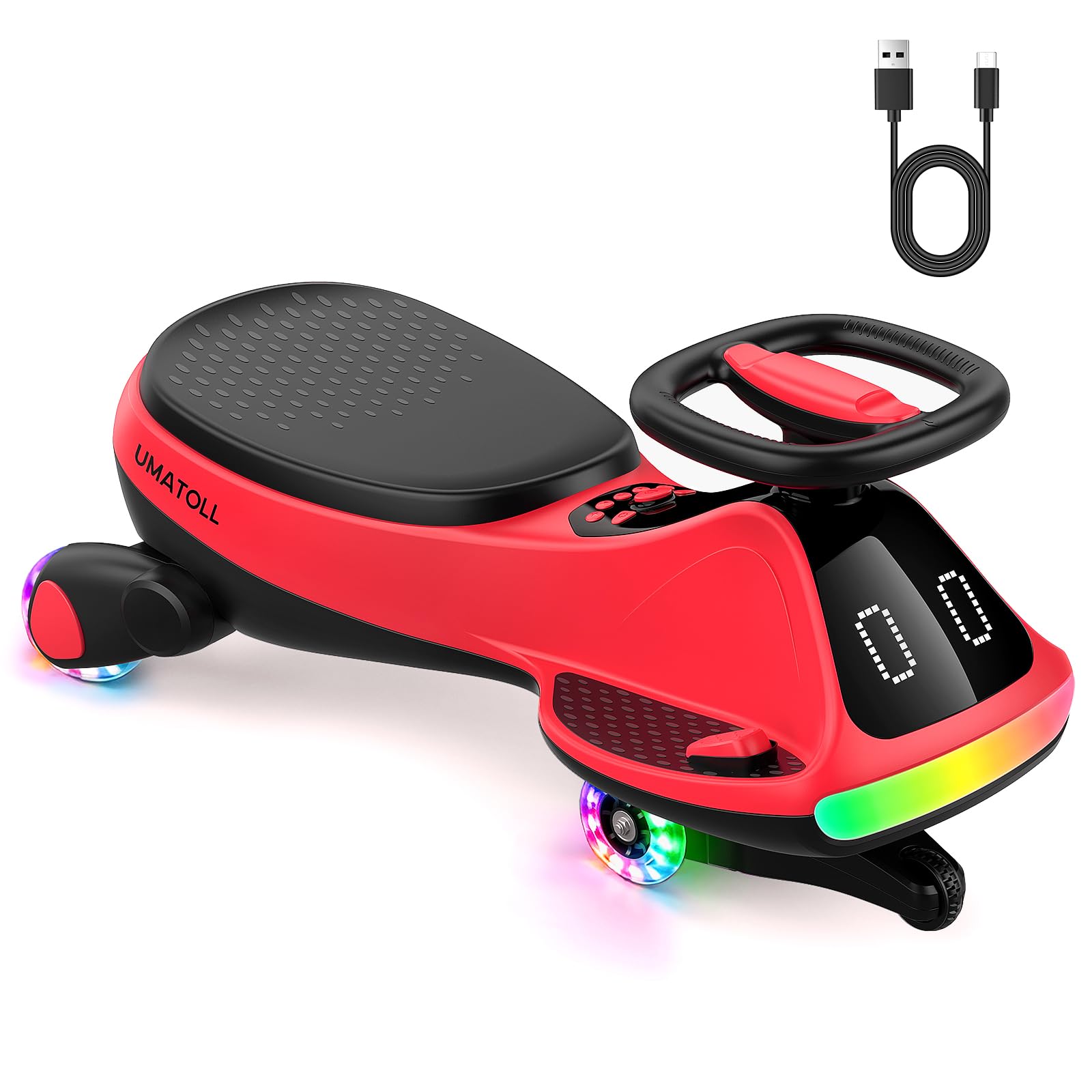 Umatoll 12V Electric Ride On Car for Kids, 2 in 1 Electric & Foot-Powered Modes, RGB Light, LED Expression Display, Anti-Tip Design, Bluetooth, 2 Speeds, USB-C Charging, Birthday Gifts for 3+
