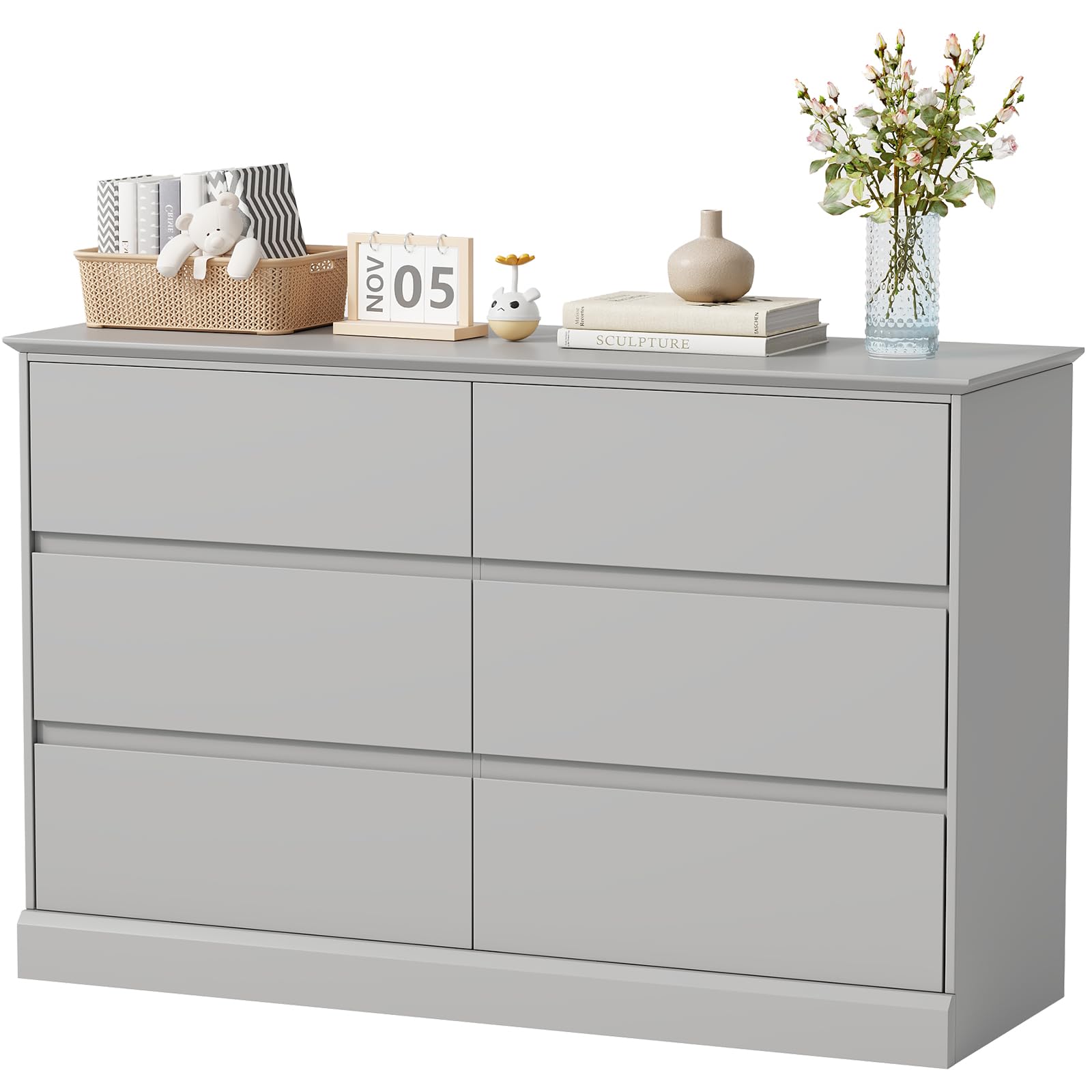 6 Drawer Dresser for Bedroom, Modern Wooden Closet Dresser for Living Room, Entryway, or Hallway, Grey (Has damaged)